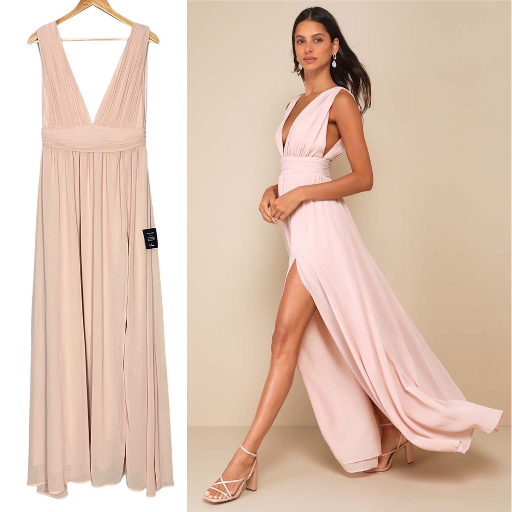 NWT Lulu's Dress Heavenly Hues Blush Maxi Plunging V-Neck Medium Pink Formal